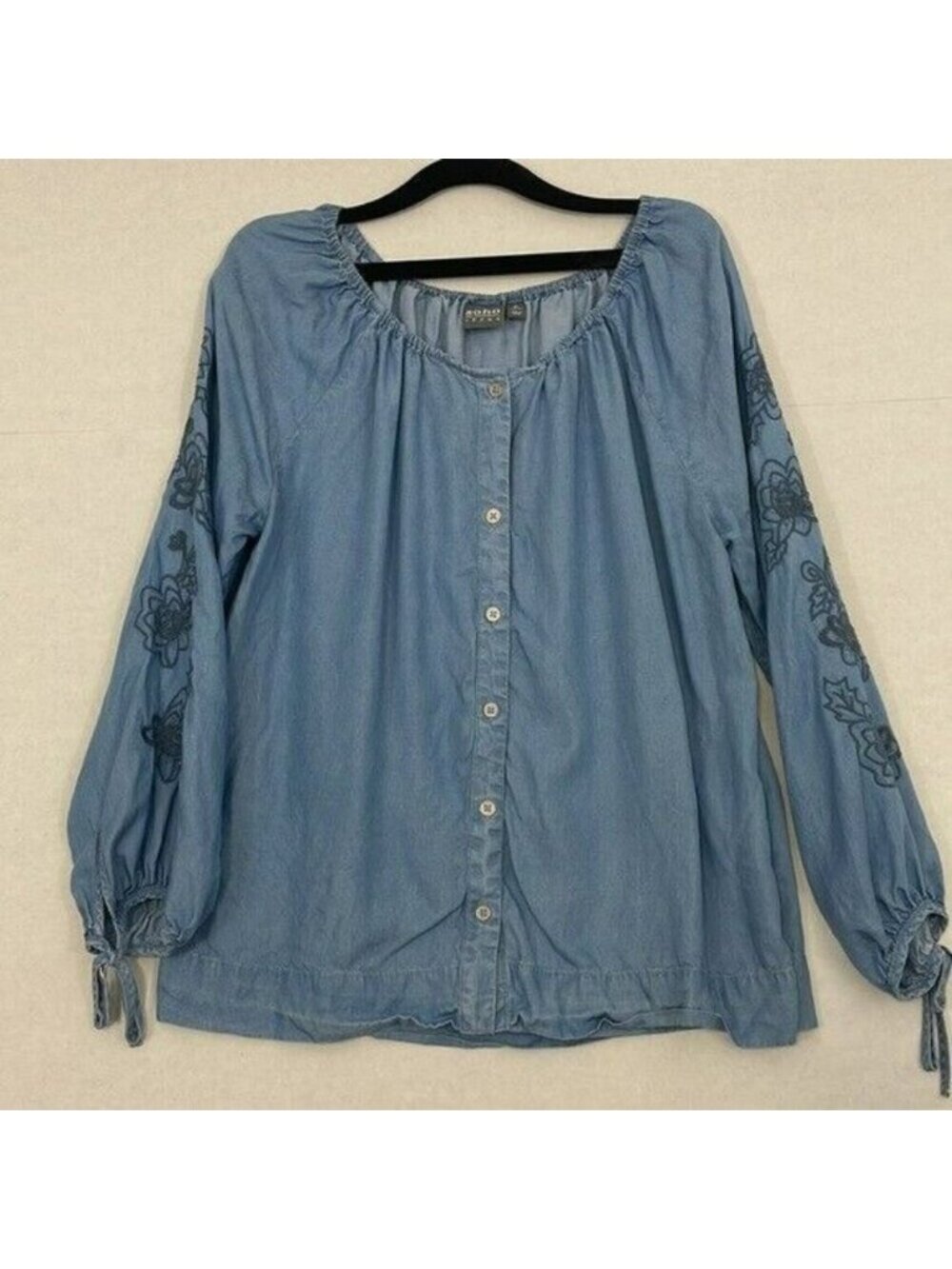 New York & Co. Tencel Top, Embroidered Sleeves, Button Front, Blue, Medium